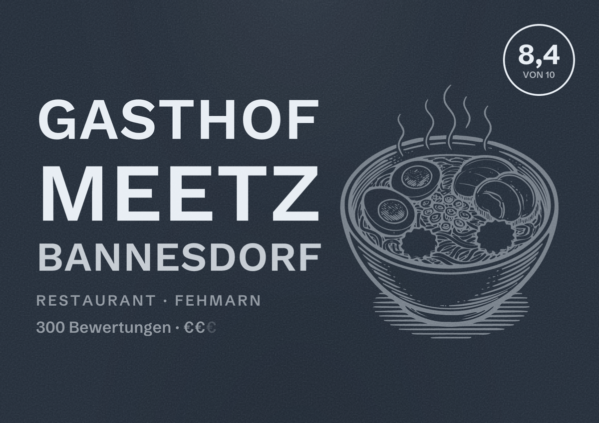 Illustriertes Poster von Gasthof Meetz Bannesdorf, Restaurant in Fehmarn: Bewertung 8,4 von 10 aus 300 Bewertungen, Preisniveau €€