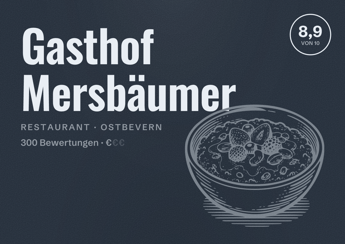 Illustriertes Poster von Gasthof Mersbäumer, Restaurant in Ostbevern: Bewertung 8,9 von 10 aus 300 Bewertungen, Preisniveau €