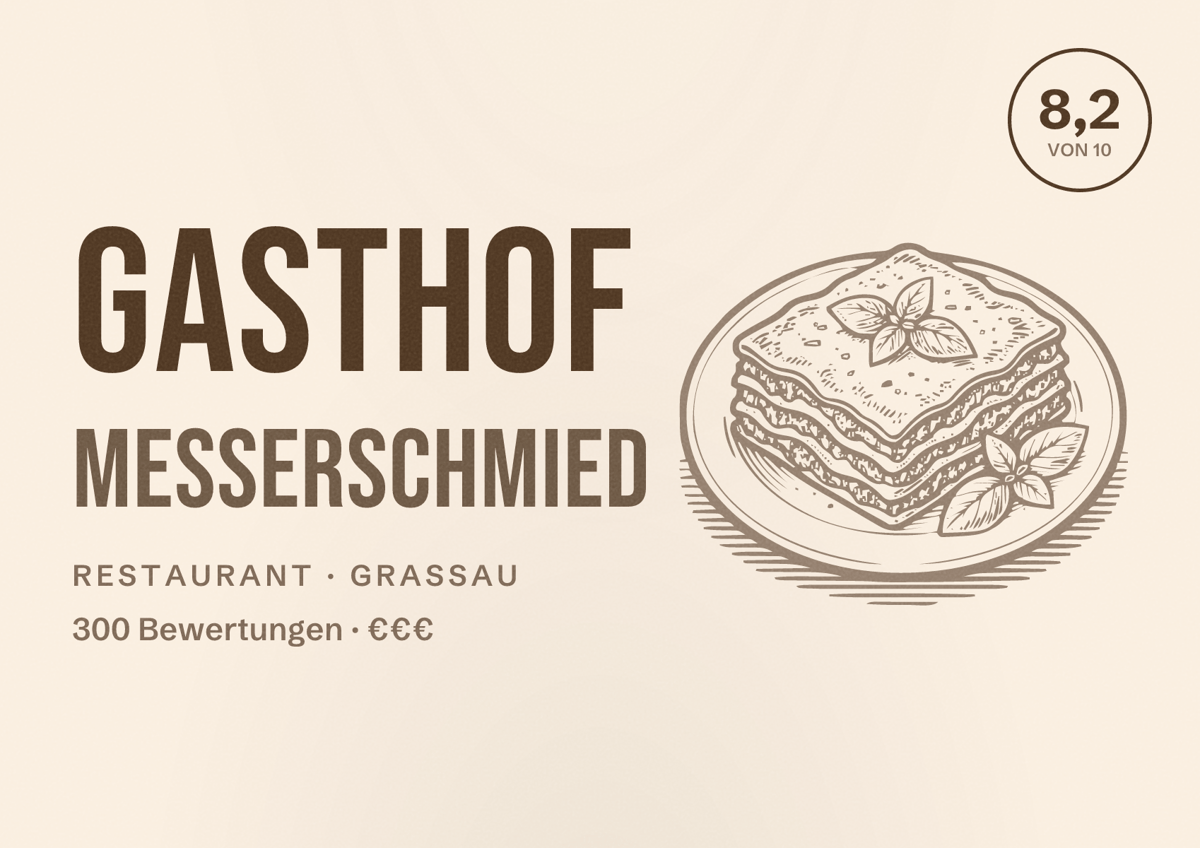 Illustriertes Poster von Gasthof Messerschmied, Restaurant in Grassau: Bewertung 8,2 von 10 aus 300 Bewertungen, Preisniveau €€€
