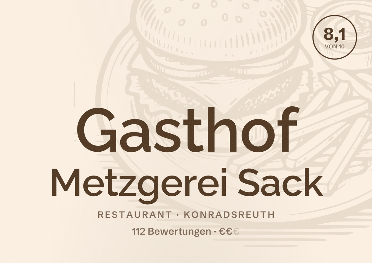 Illustriertes Poster von Gasthof Metzgerei Sack, Restaurant in Konradsreuth: Bewertung 8,1 von 10 aus 112 Bewertungen, Preisniveau €€