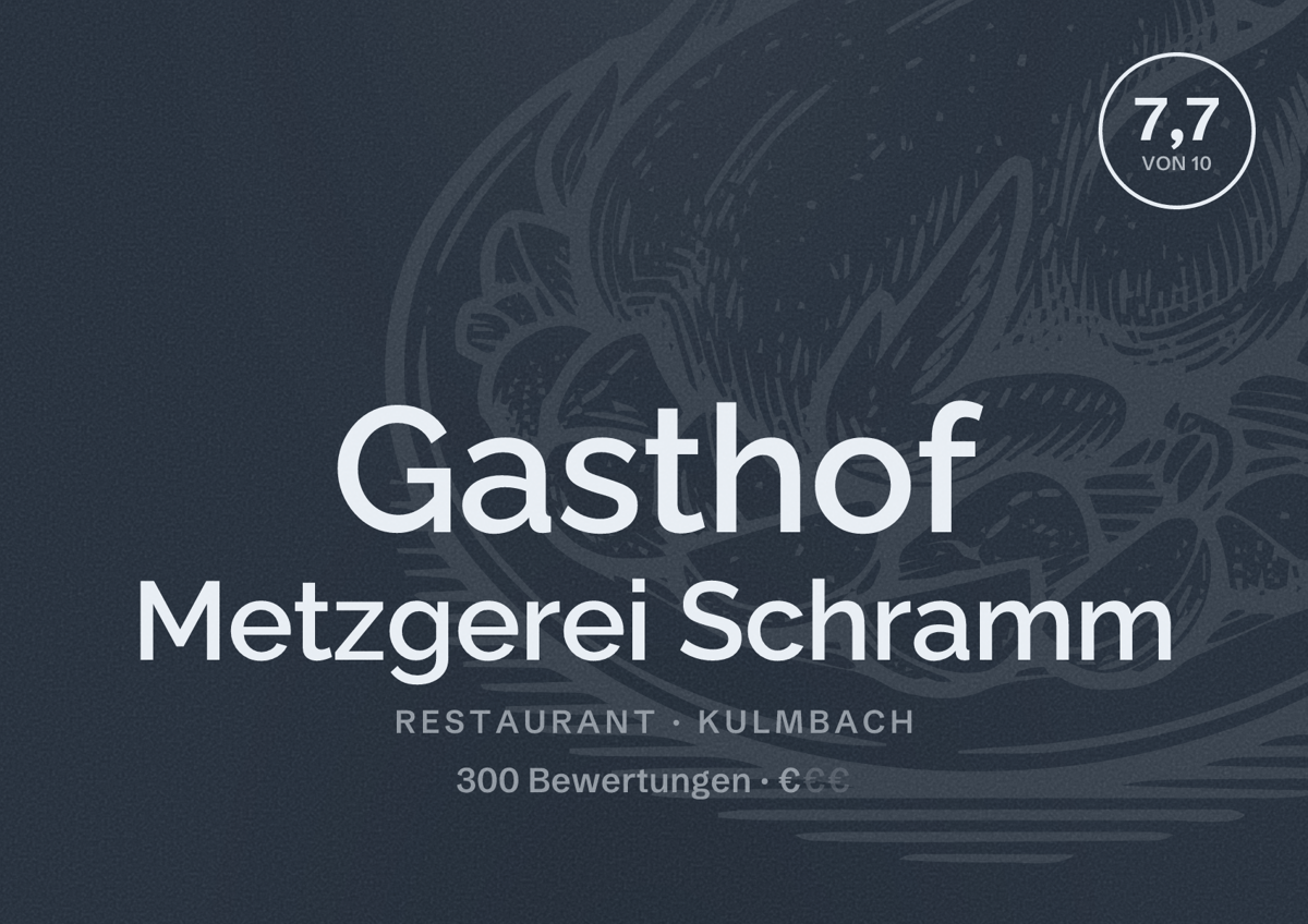 Illustriertes Poster von Gasthof Metzgerei Schramm, Restaurant in Kulmbach: Bewertung 7,7 von 10 aus 300 Bewertungen, Preisniveau €