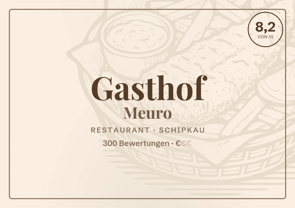 Illustriertes Poster von Gasthof Meuro, Restaurant in Schipkau: Bewertung 8,2 von 10 aus 300 Bewertungen, Preisniveau €
