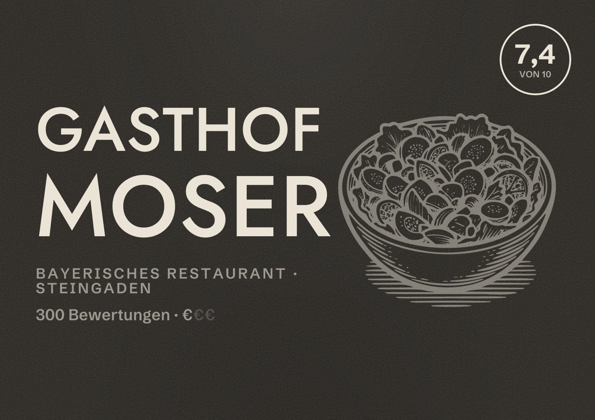 Illustriertes Poster von Gasthof Moser, Bayerisches Restaurant in Steingaden: Bewertung 7,4 von 10 aus 300 Bewertungen, Preisniveau €