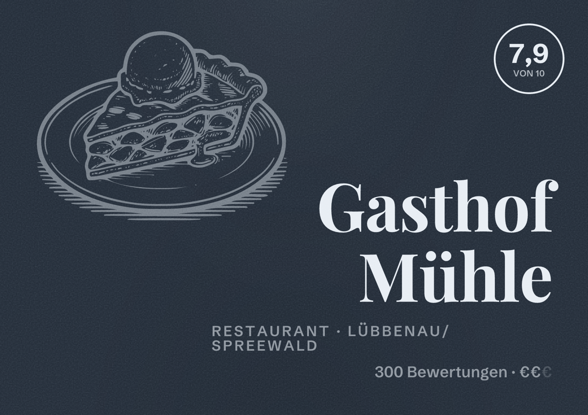 Illustriertes Poster von Gasthof Mühle, Restaurant in Lübbenau/Spreewald: Bewertung 7,9 von 10 aus 300 Bewertungen, Preisniveau €€