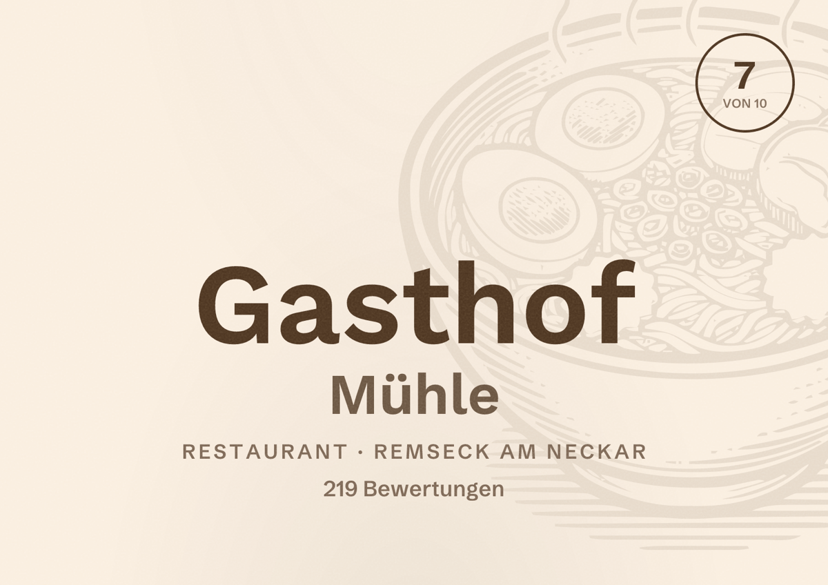 Illustriertes Poster von Gasthof Mühle, Restaurant in Remseck am Neckar: Bewertung 7 von 10 aus 219 Bewertungen