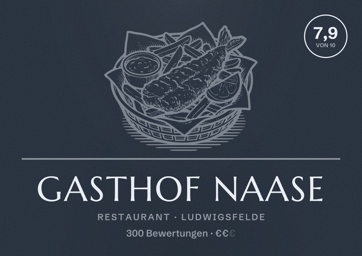 Illustriertes Poster von Gasthof Naase, Restaurant in Ludwigsfelde: Bewertung 7,9 von 10 aus 300 Bewertungen, Preisniveau €€