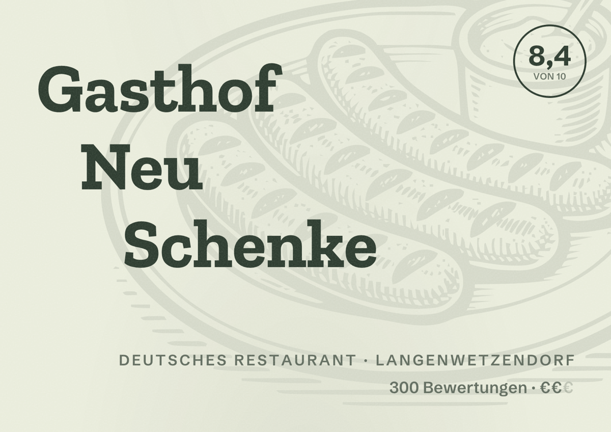 Illustriertes Poster von Gasthof Neu Schenke, Deutsches Restaurant in Langenwetzendorf: Bewertung 8,4 von 10 aus 300 Bewertungen, Preisniveau €€