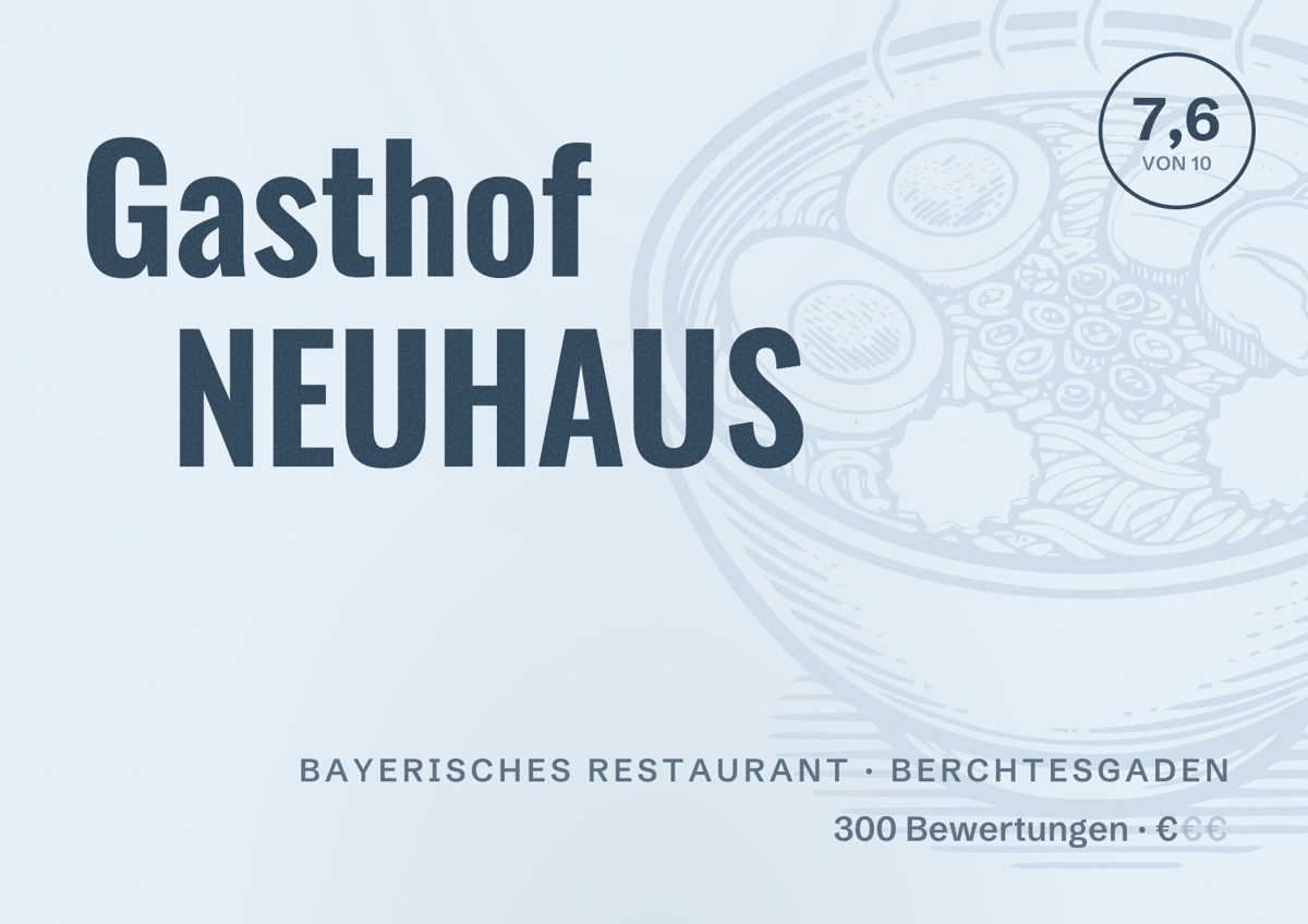Illustriertes Poster von Gasthof NEUHAUS, Bayerisches Restaurant in Berchtesgaden: Bewertung 7,6 von 10 aus 300 Bewertungen, Preisniveau €