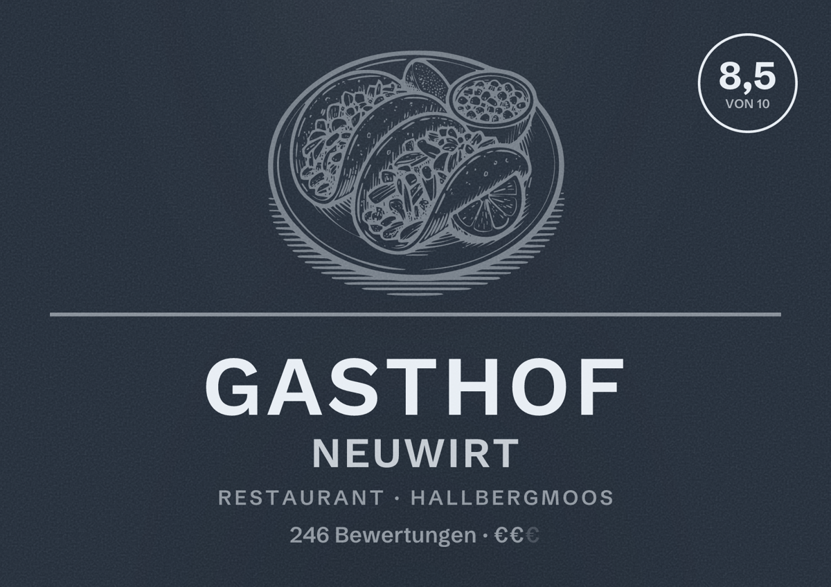 Illustriertes Poster von Gasthof Neuwirt, Restaurant in Hallbergmoos: Bewertung 8,5 von 10 aus 246 Bewertungen, Preisniveau €€
