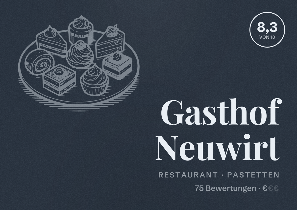 Illustriertes Poster von Gasthof Neuwirt, Restaurant in Pastetten: Bewertung 8,3 von 10 aus 75 Bewertungen, Preisniveau €