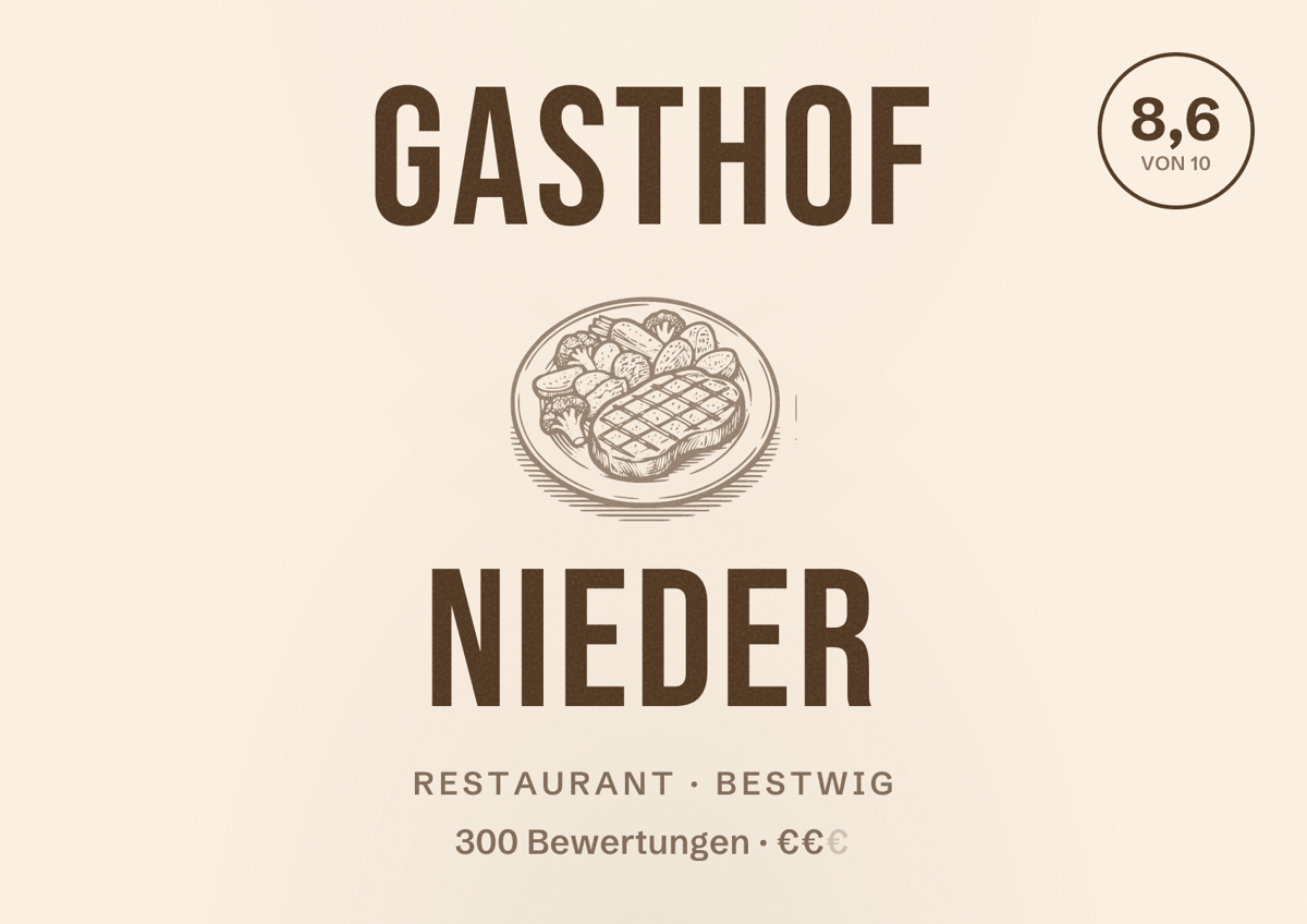 Illustriertes Poster von Gasthof Nieder, Restaurant in Bestwig: Bewertung 8,6 von 10 aus 300 Bewertungen, Preisniveau €€