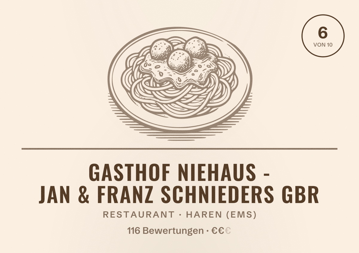 Illustriertes Poster von Gasthof Niehaus - Jan & Franz Schnieders GbR, Restaurant in Haren (Ems): Bewertung 6 von 10 aus 116 Bewertungen, Preisniveau €€