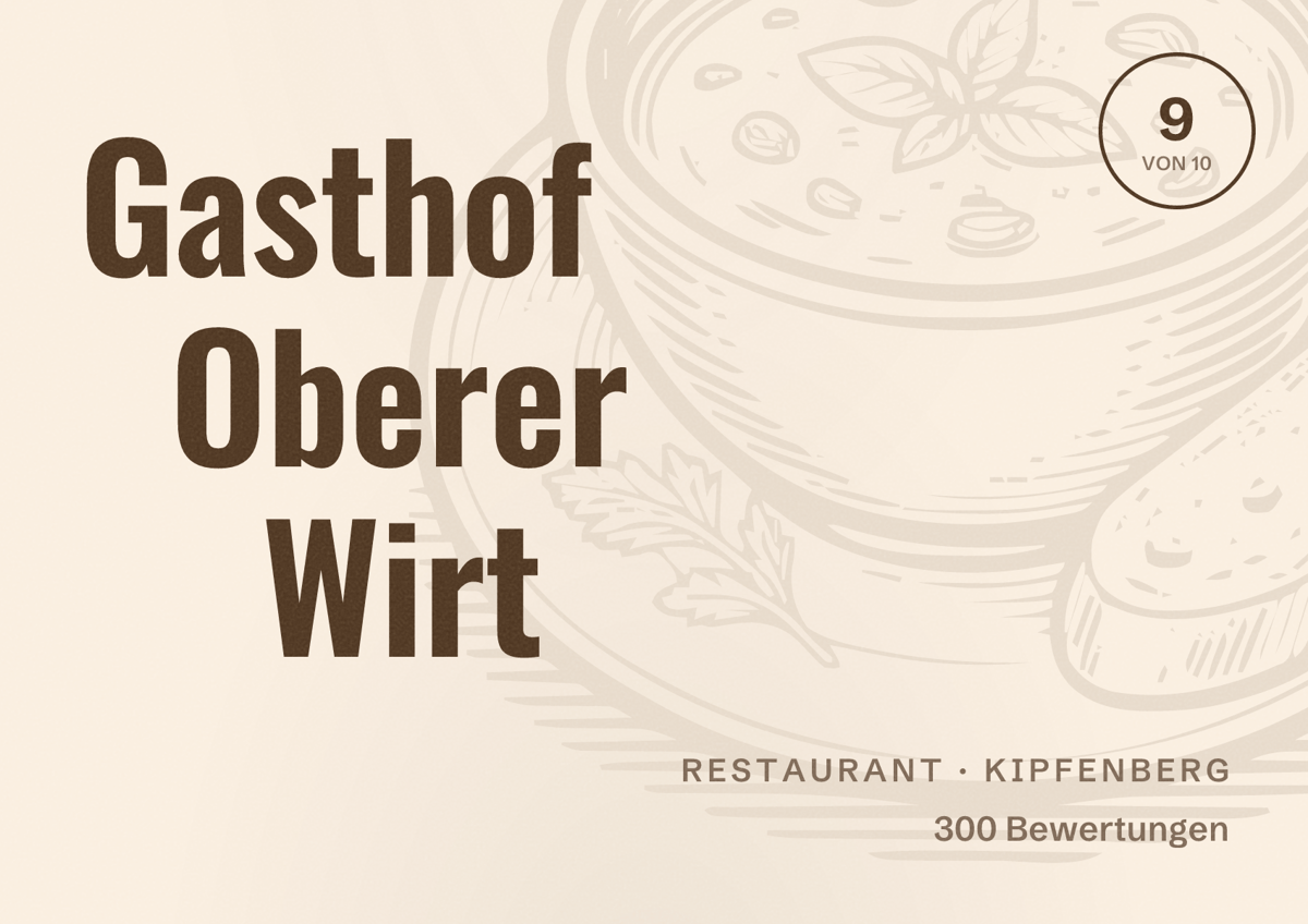 Illustriertes Poster von Gasthof Oberer Wirt, Restaurant in Kipfenberg: Bewertung 9 von 10 aus 300 Bewertungen