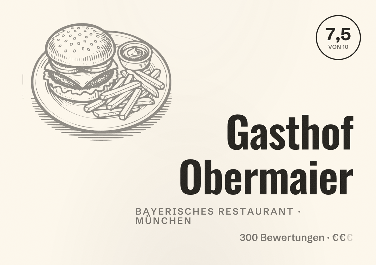 Illustriertes Poster von Gasthof Obermaier, Bayerisches Restaurant in München: Bewertung 7,5 von 10 aus 300 Bewertungen, Preisniveau €€