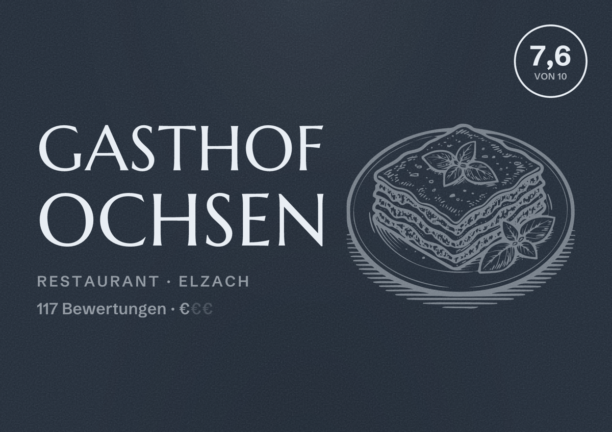 Illustriertes Poster von Gasthof Ochsen, Restaurant in Elzach: Bewertung 7,6 von 10 aus 117 Bewertungen, Preisniveau €