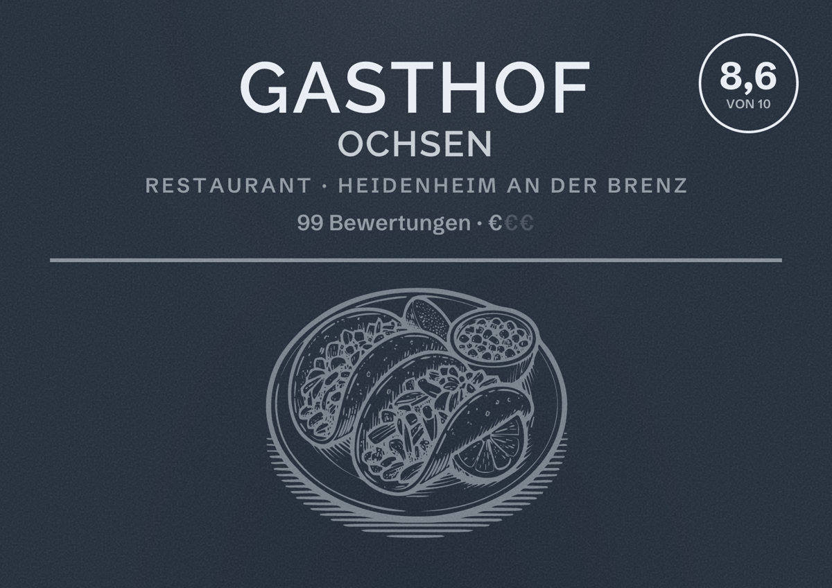 Illustriertes Poster von Gasthof Ochsen, Restaurant in Heidenheim an der Brenz: Bewertung 8,6 von 10 aus 99 Bewertungen, Preisniveau €