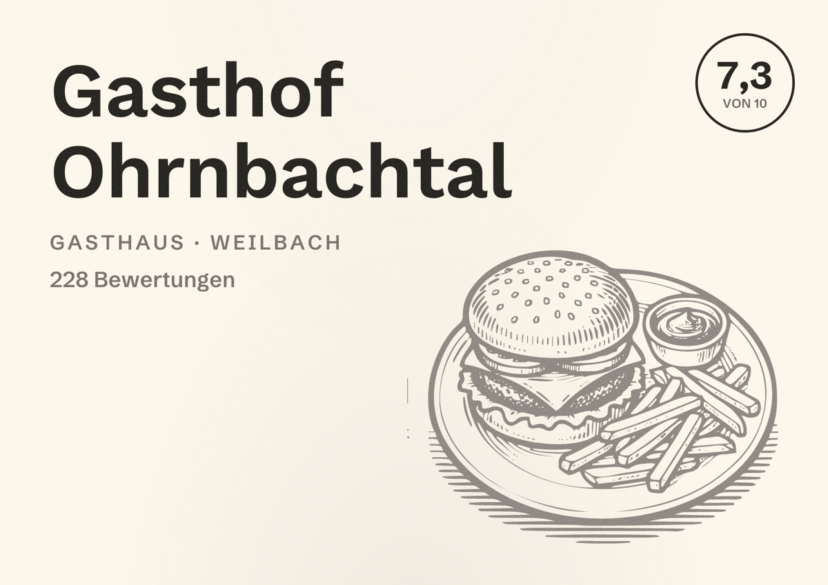 Illustriertes Poster von Gasthof Ohrnbachtal, Gasthaus in Weilbach: Bewertung 7,3 von 10 aus 228 Bewertungen