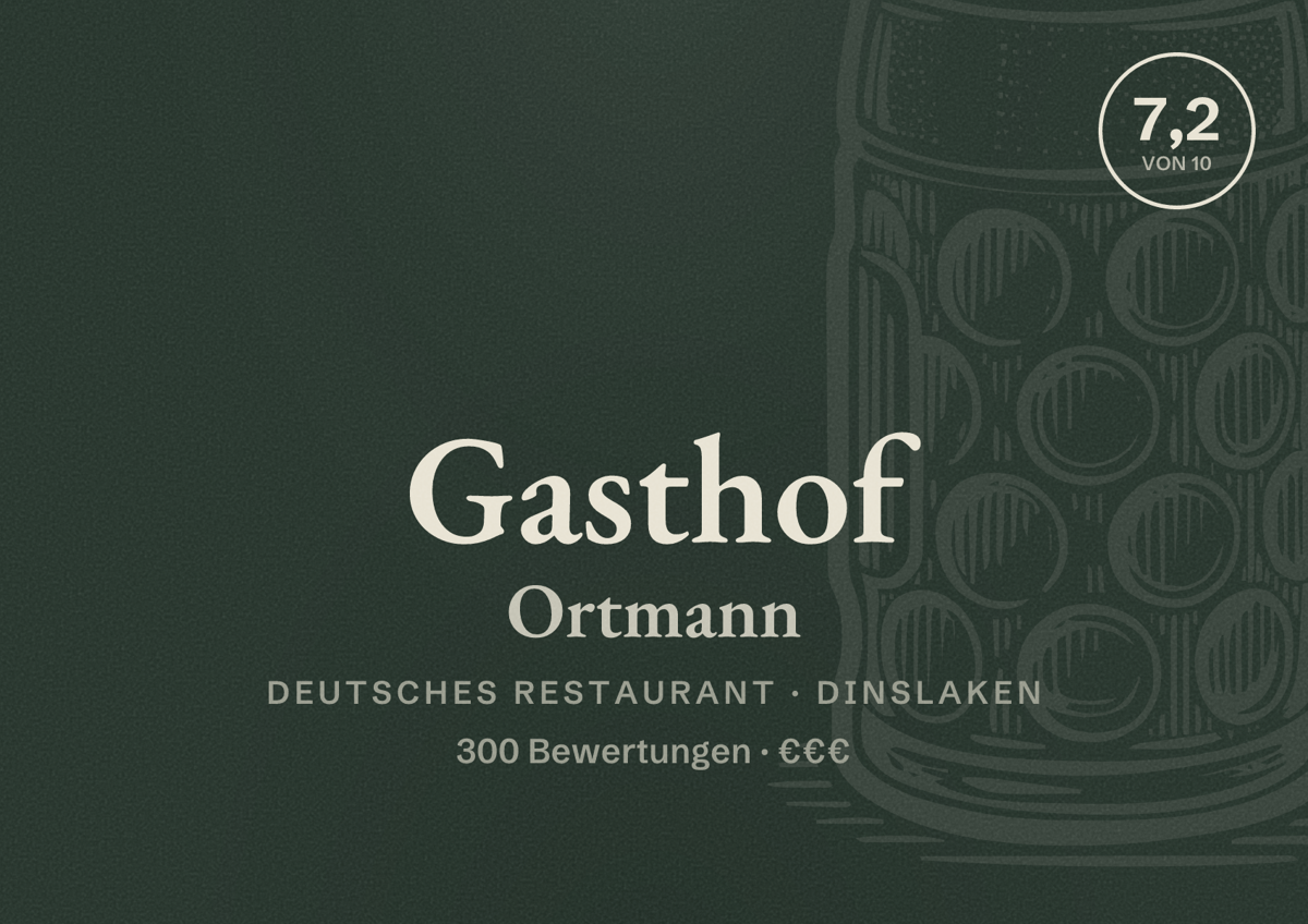 Illustriertes Poster von Gasthof Ortmann, Deutsches Restaurant in Dinslaken: Bewertung 7,2 von 10 aus 300 Bewertungen, Preisniveau €€€