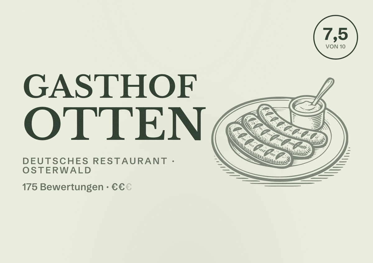 Illustriertes Poster von Gasthof Otten, Deutsches Restaurant in Osterwald: Bewertung 7,5 von 10 aus 175 Bewertungen, Preisniveau €€