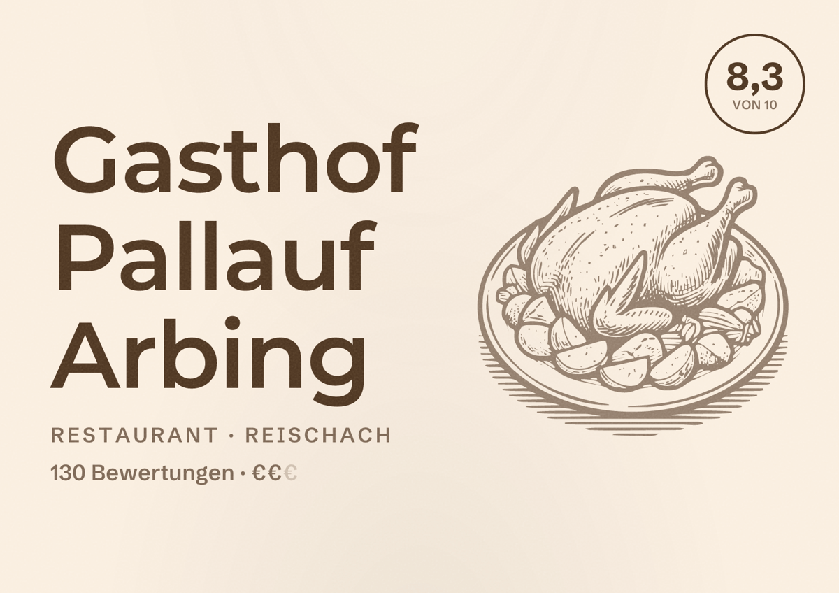 Illustriertes Poster von Gasthof Pallauf Arbing, Restaurant in Reischach: Bewertung 8,3 von 10 aus 130 Bewertungen, Preisniveau €€