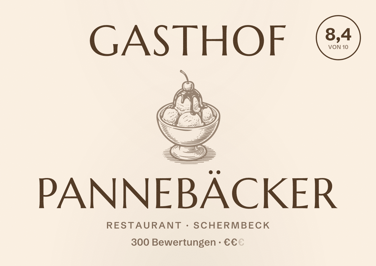 Illustriertes Poster von Gasthof Pannebäcker, Restaurant in Schermbeck: Bewertung 8,4 von 10 aus 300 Bewertungen, Preisniveau €€