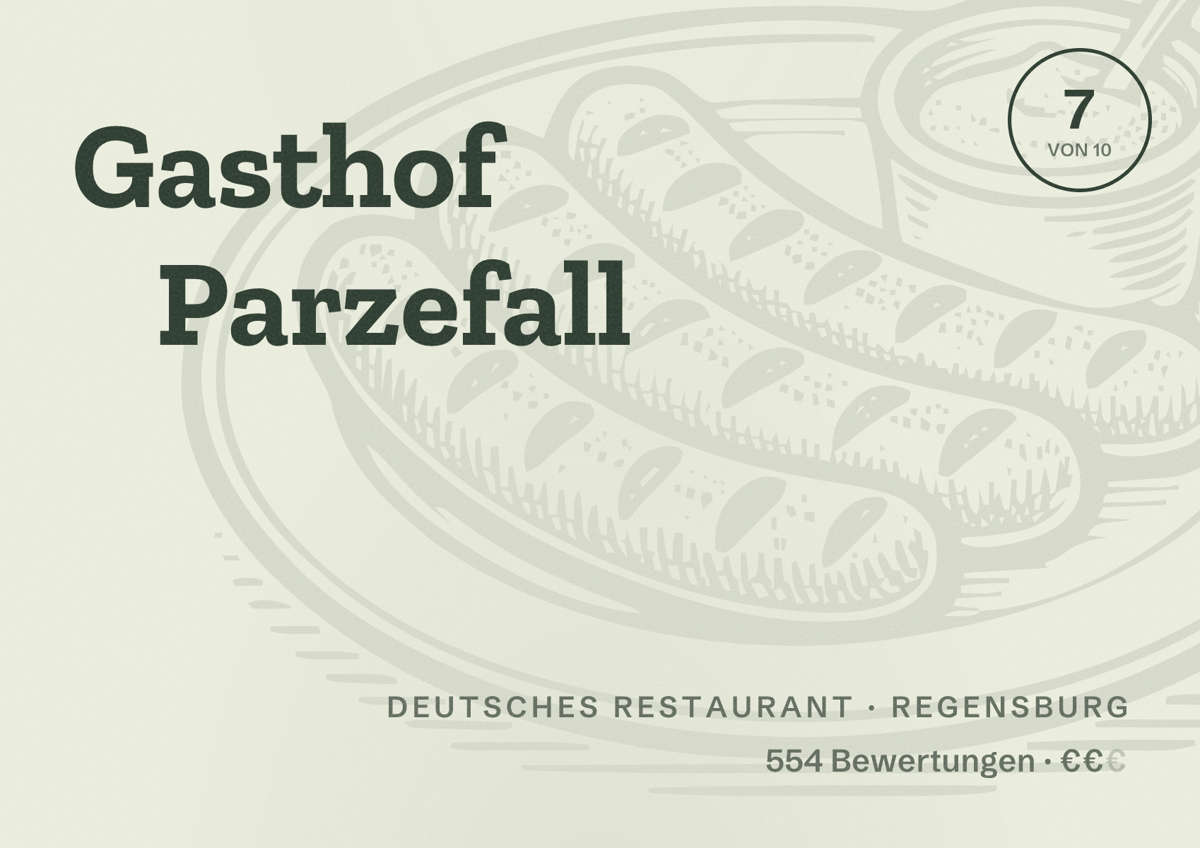 Illustriertes Poster von Gasthof Parzefall, Deutsches Restaurant in Regensburg: Bewertung 7 von 10 aus 554 Bewertungen, Preisniveau €€