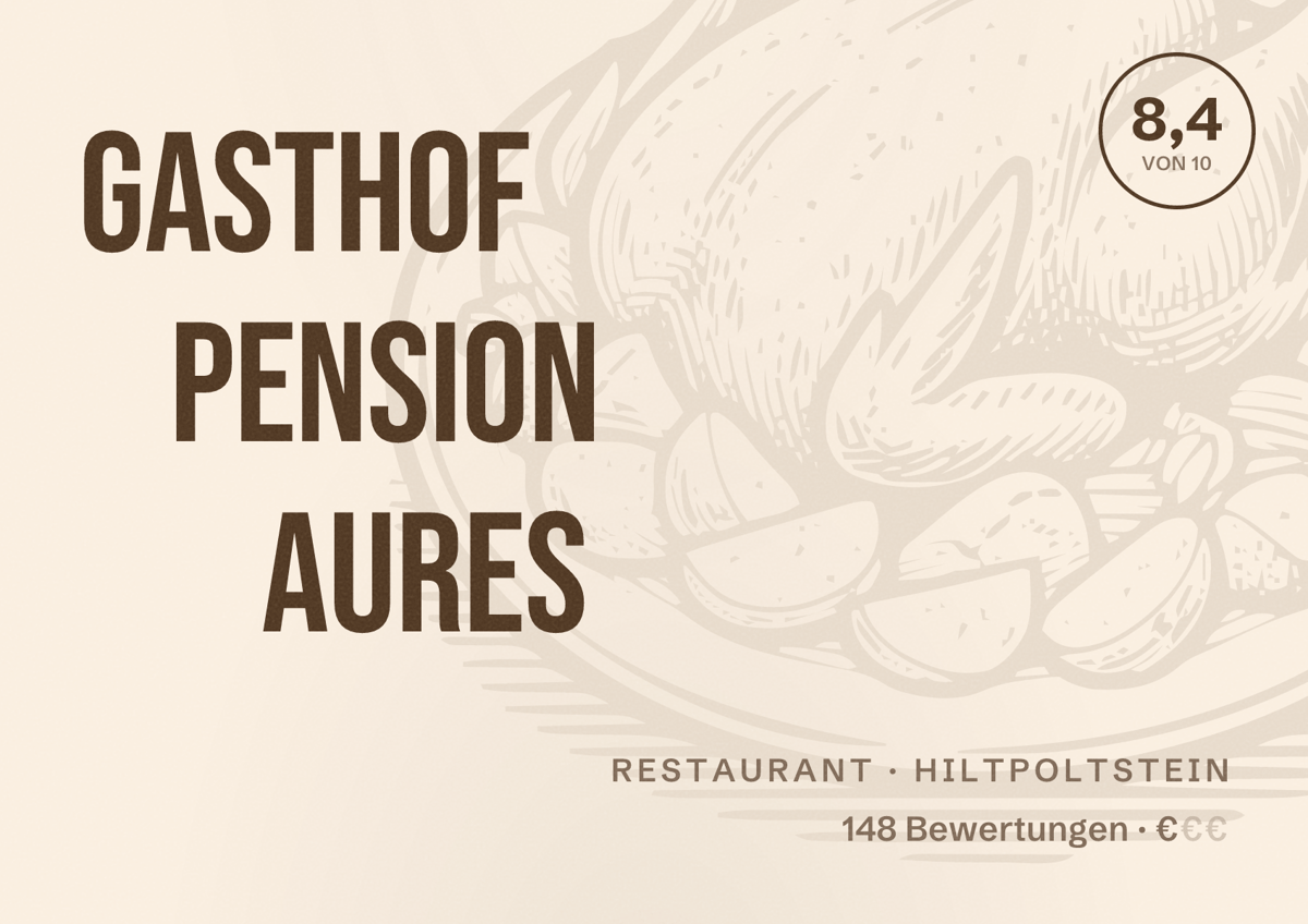 Illustriertes Poster von Gasthof Pension Aures, Restaurant in Hiltpoltstein: Bewertung 8,4 von 10 aus 148 Bewertungen, Preisniveau €