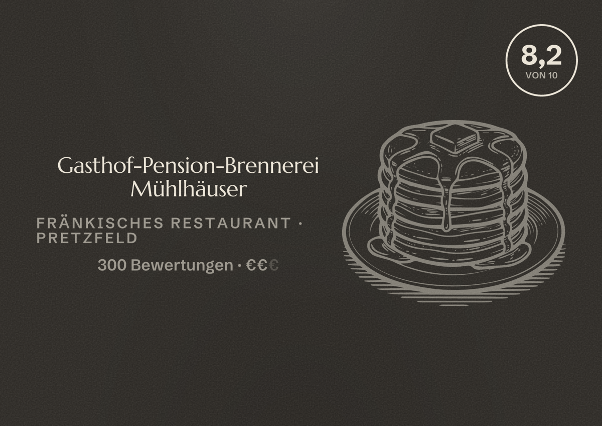 Illustriertes Poster von Gasthof-Pension-Brennerei Mühlhäuser, Fränkisches Restaurant in Pretzfeld: Bewertung 8,2 von 10 aus 300 Bewertungen, Preisniveau €€
