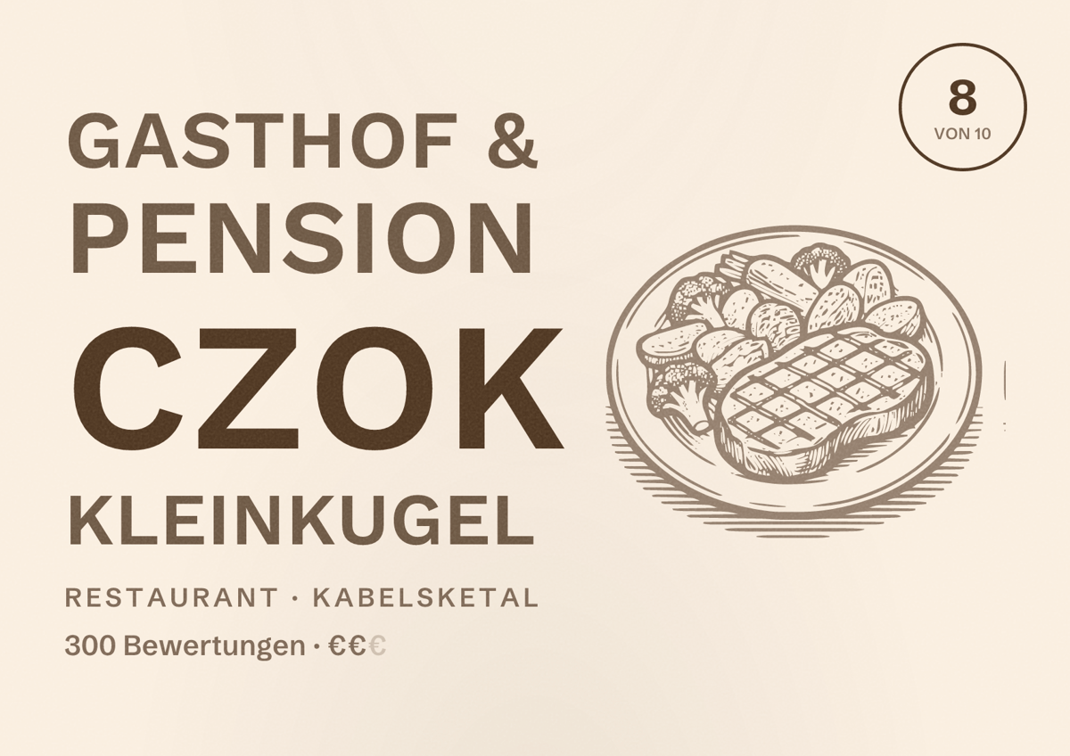 Illustriertes Poster von Gasthof & Pension Czok Kleinkugel, Restaurant in Kabelsketal: Bewertung 8 von 10 aus 300 Bewertungen, Preisniveau €€
