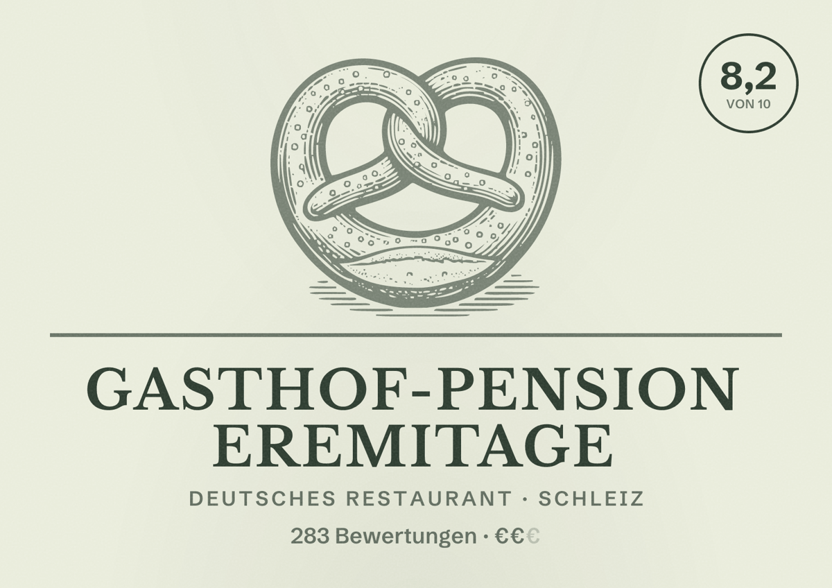 Illustriertes Poster von Gasthof-Pension Eremitage, Deutsches Restaurant in Schleiz: Bewertung 8,2 von 10 aus 283 Bewertungen, Preisniveau €€