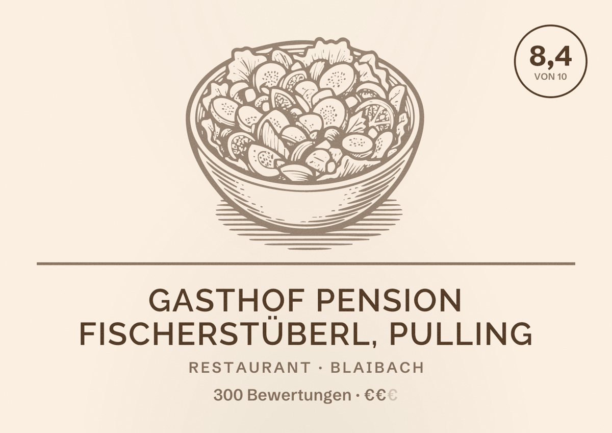 Illustriertes Poster von Gasthof Pension Fischerstüberl, Pulling, Restaurant in Blaibach: Bewertung 8,4 von 10 aus 300 Bewertungen, Preisniveau €€