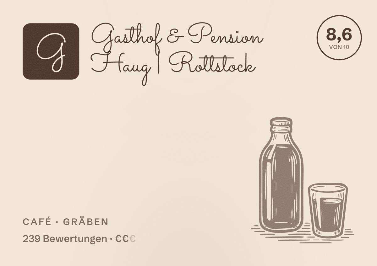 Illustriertes Poster von Gasthof & Pension Haug | Rottstock, Café in Gräben: Bewertung 8,6 von 10 aus 239 Bewertungen, Preisniveau €€