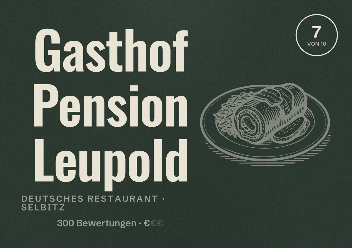 Illustriertes Poster von Gasthof Pension Leupold, Deutsches Restaurant in Selbitz: Bewertung 7 von 10 aus 300 Bewertungen, Preisniveau €