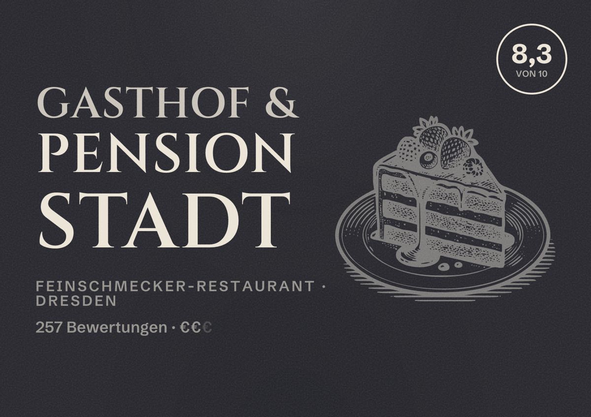 Illustriertes Poster von Gasthof & Pension Stadt, Feinschmecker-Restaurant in Dresden: Bewertung 8,3 von 10 aus 257 Bewertungen, Preisniveau €€