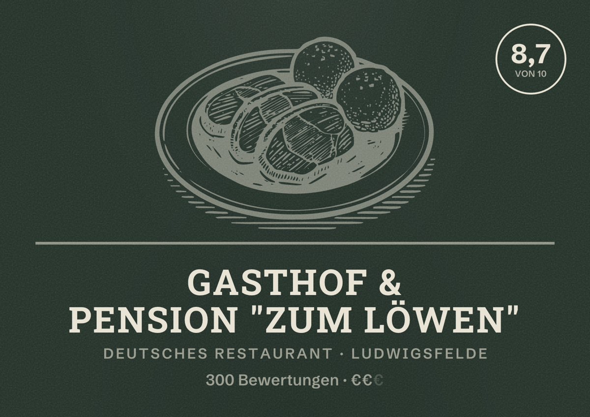 Illustriertes Poster von Gasthof & Pension "Zum Löwen", Deutsches Restaurant in Ludwigsfelde: Bewertung 8,7 von 10 aus 300 Bewertungen, Preisniveau €€
