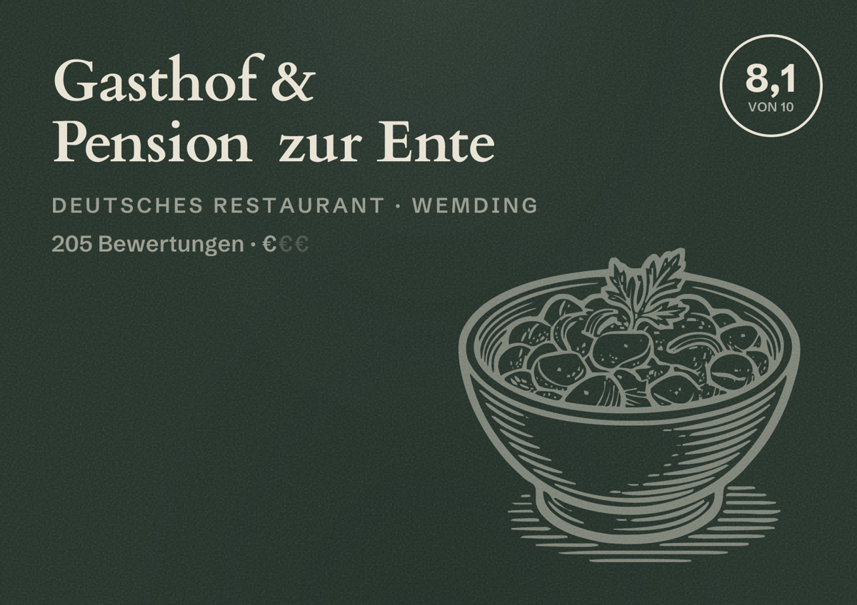 Illustriertes Poster von Gasthof & Pension zur Ente, Deutsches Restaurant in Wemding: Bewertung 8,1 von 10 aus 205 Bewertungen, Preisniveau €