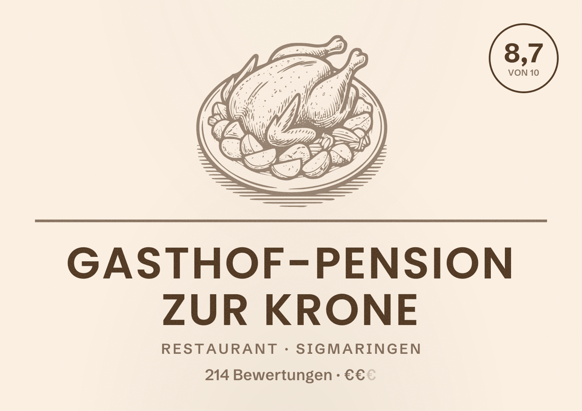 Illustriertes Poster von Gasthof-Pension zur Krone, Restaurant in Sigmaringen: Bewertung 8,7 von 10 aus 214 Bewertungen, Preisniveau €€