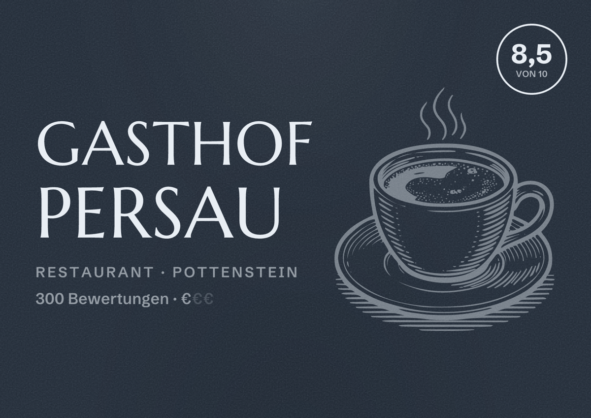 Illustriertes Poster von Gasthof Persau, Restaurant in Pottenstein: Bewertung 8,5 von 10 aus 300 Bewertungen, Preisniveau €
