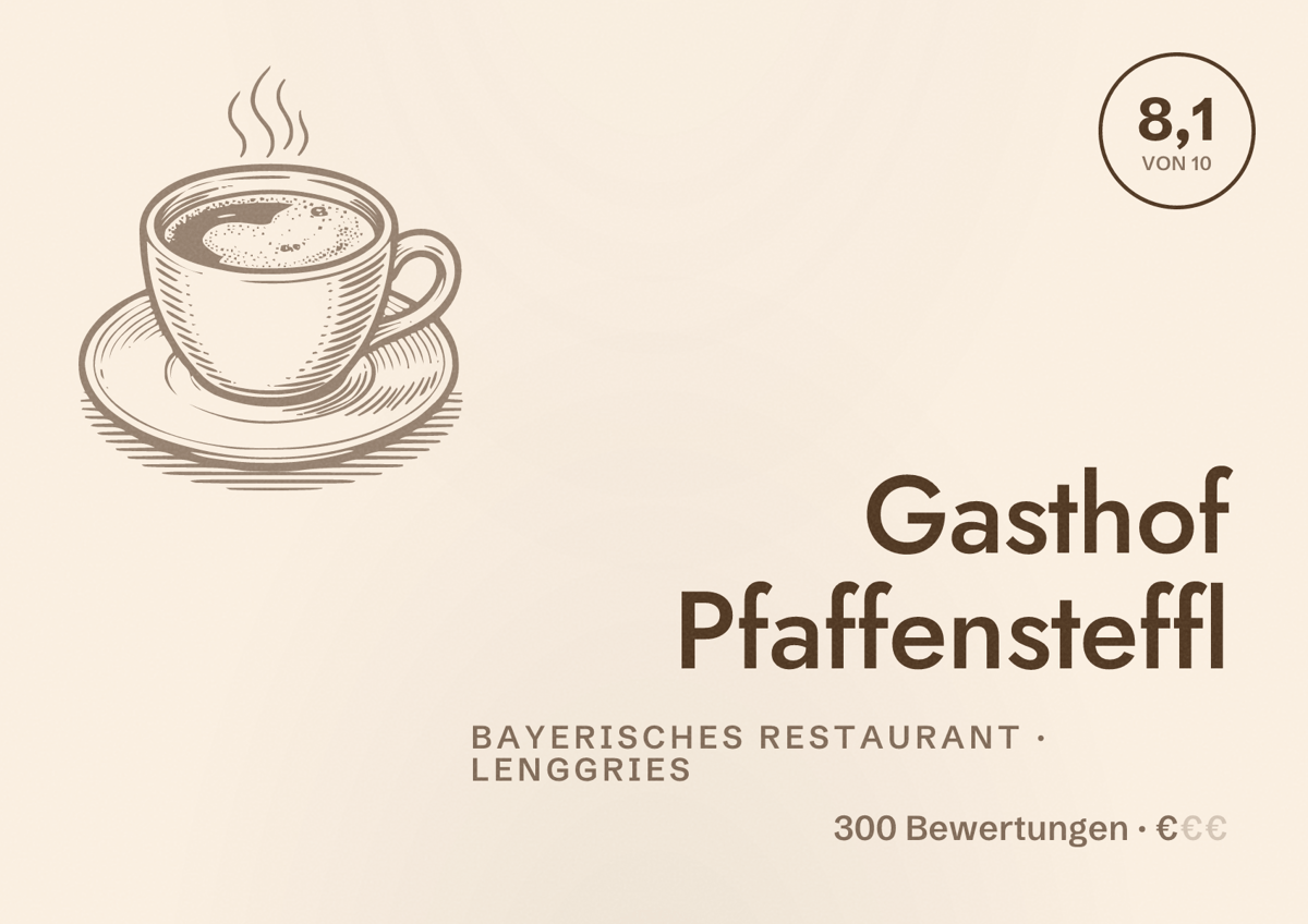 Illustriertes Poster von Gasthof Pfaffensteffl, Bayerisches Restaurant in Lenggries: Bewertung 8,1 von 10 aus 300 Bewertungen, Preisniveau €