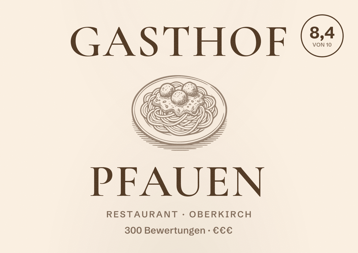 Illustriertes Poster von Gasthof Pfauen, Restaurant in Oberkirch: Bewertung 8,4 von 10 aus 300 Bewertungen, Preisniveau €€€