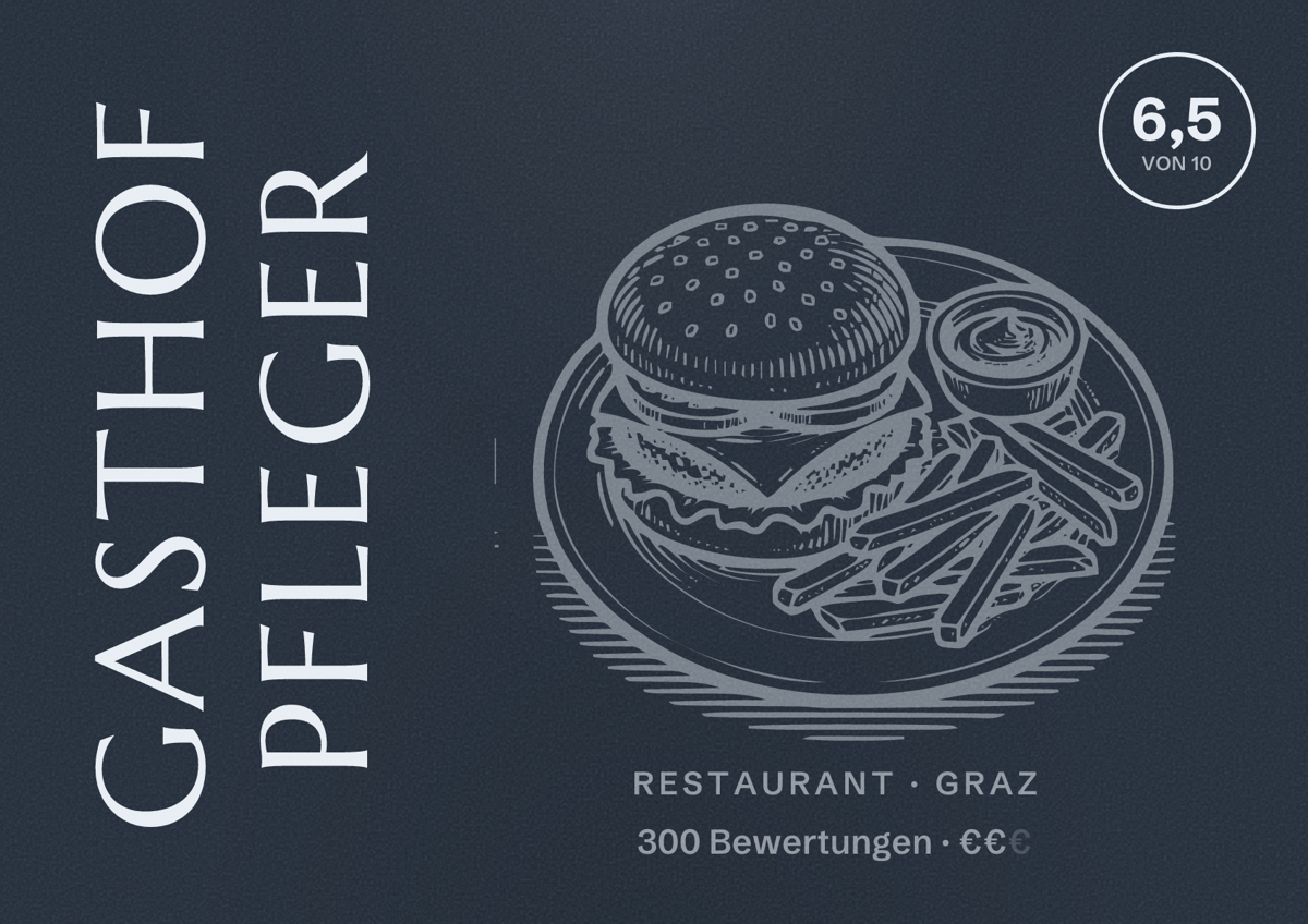 Illustriertes Poster von Gasthof Pfleger, Restaurant in Graz: Bewertung 6,5 von 10 aus 300 Bewertungen, Preisniveau €€