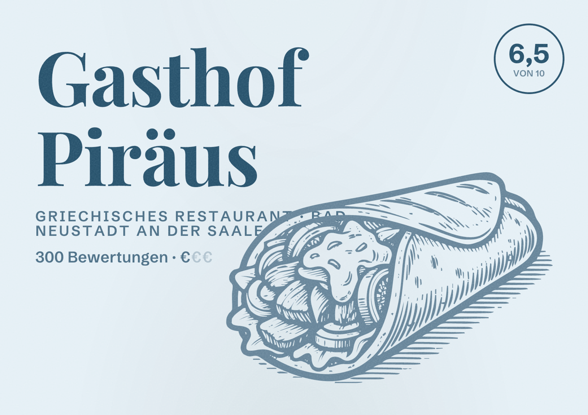 Illustriertes Poster von Gasthof Piräus, Griechisches Restaurant in Bad Neustadt an der Saale: Bewertung 6,5 von 10 aus 300 Bewertungen, Preisniveau €