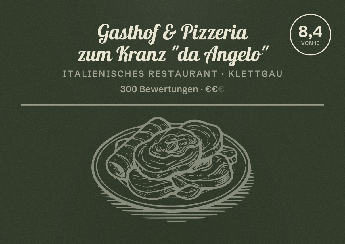 Illustriertes Poster von Gasthof & Pizzeria zum Kranz "da Angelo", Italienisches Restaurant in Klettgau: Bewertung 8,4 von 10 aus 300 Bewertungen, Preisniveau €€