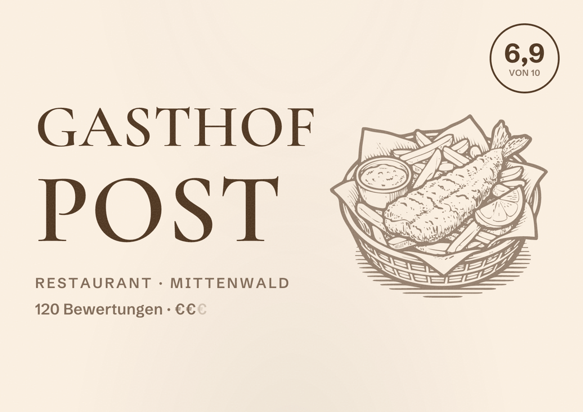 Illustriertes Poster von Gasthof Post, Restaurant in Mittenwald: Bewertung 6,9 von 10 aus 120 Bewertungen, Preisniveau €€