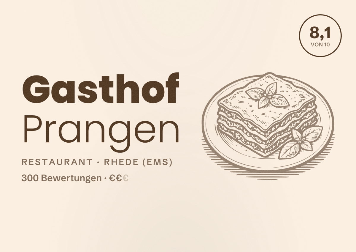 Illustriertes Poster von Gasthof Prangen, Restaurant in Rhede (Ems): Bewertung 8,1 von 10 aus 300 Bewertungen, Preisniveau €€