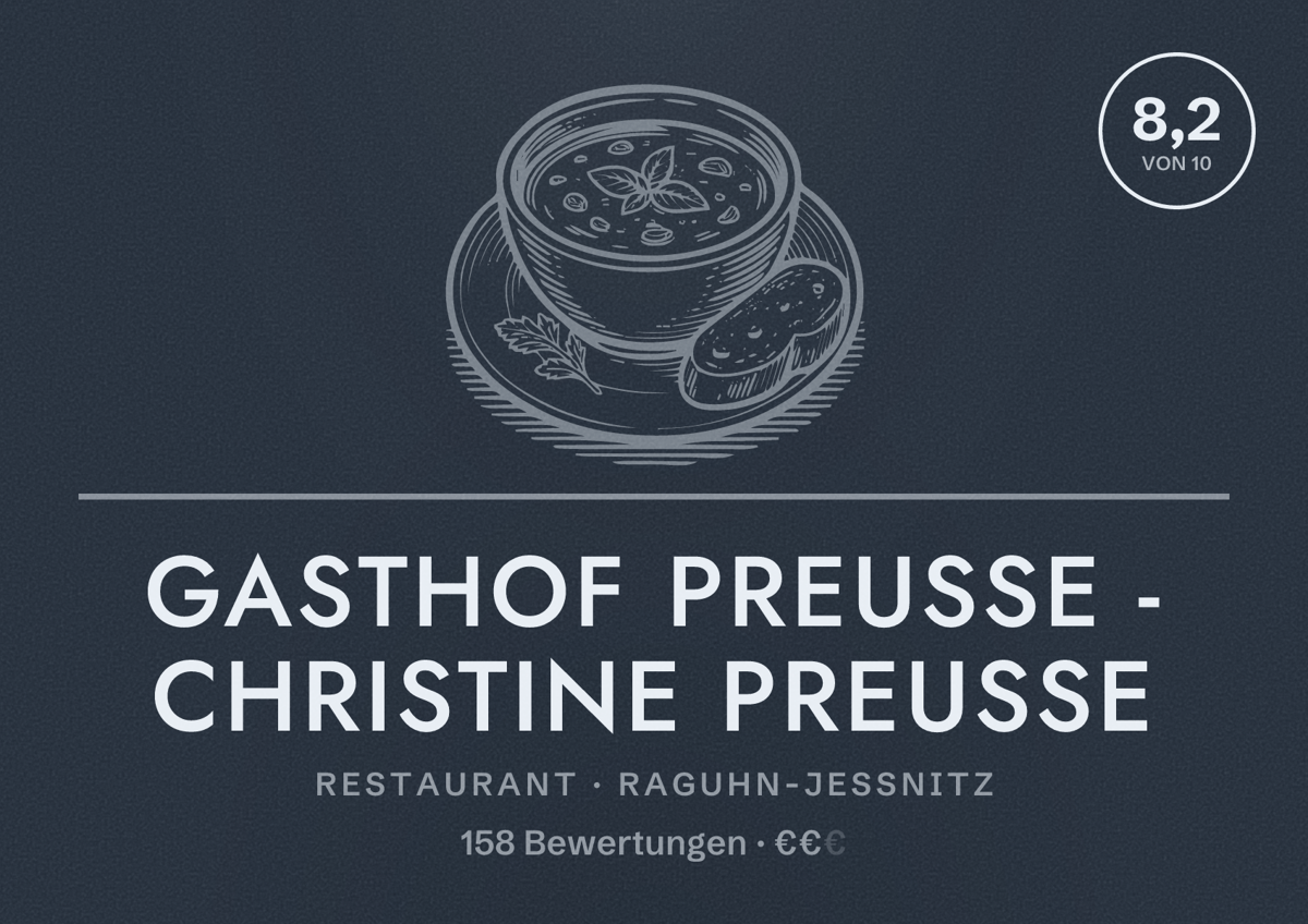 Illustriertes Poster von Gasthof Preuße - Christine Preuße, Restaurant in Raguhn-Jeßnitz: Bewertung 8,2 von 10 aus 158 Bewertungen, Preisniveau €€