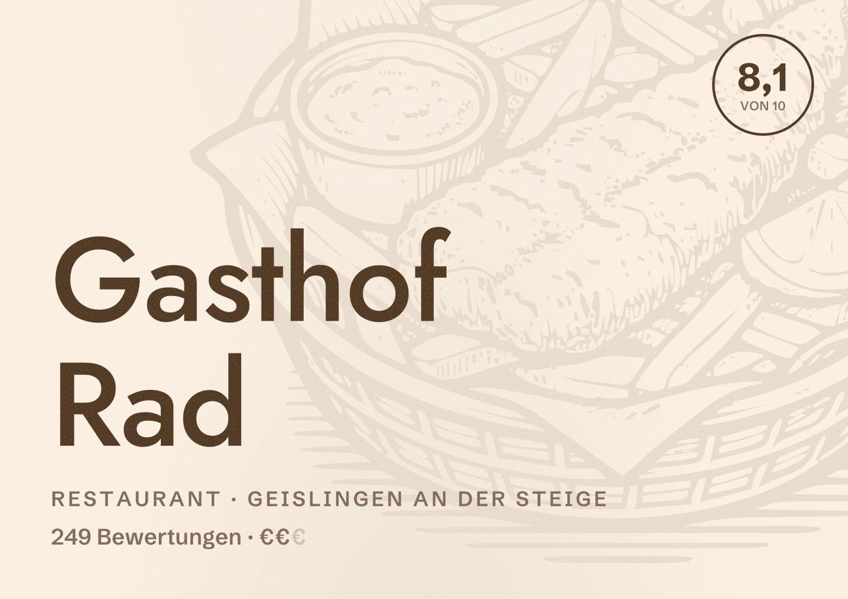 Illustriertes Poster von Gasthof Rad, Restaurant in Geislingen an der Steige: Bewertung 8,1 von 10 aus 249 Bewertungen, Preisniveau €€