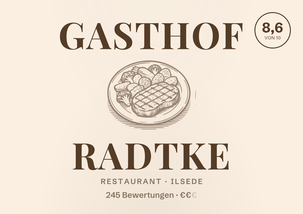 Illustriertes Poster von Gasthof Radtke, Restaurant in Ilsede: Bewertung 8,6 von 10 aus 245 Bewertungen, Preisniveau €€