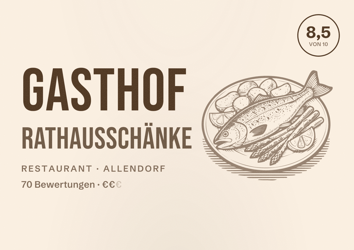 Illustriertes Poster von Gasthof Rathausschänke, Restaurant in Allendorf: Bewertung 8,5 von 10 aus 70 Bewertungen, Preisniveau €€