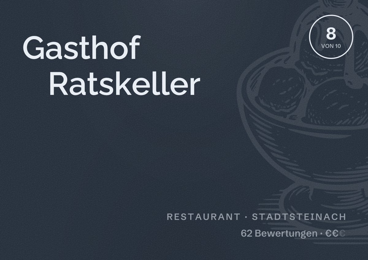 Illustriertes Poster von Gasthof Ratskeller, Restaurant in Stadtsteinach: Bewertung 8 von 10 aus 62 Bewertungen, Preisniveau €€